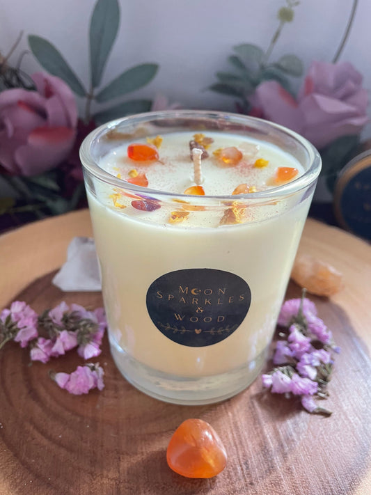 Crystal decorated soy wax candle “Spell bound” - with orange aventurine crystal chips. 30cl /220g