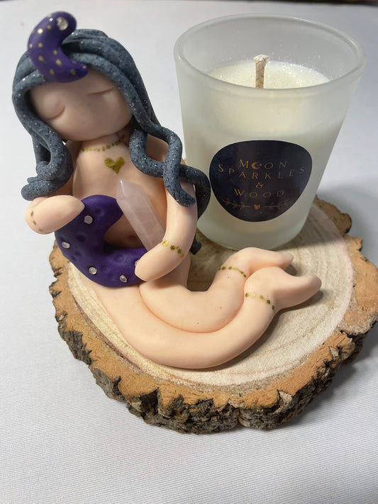 Moon Goddess on wooden base with candle votive