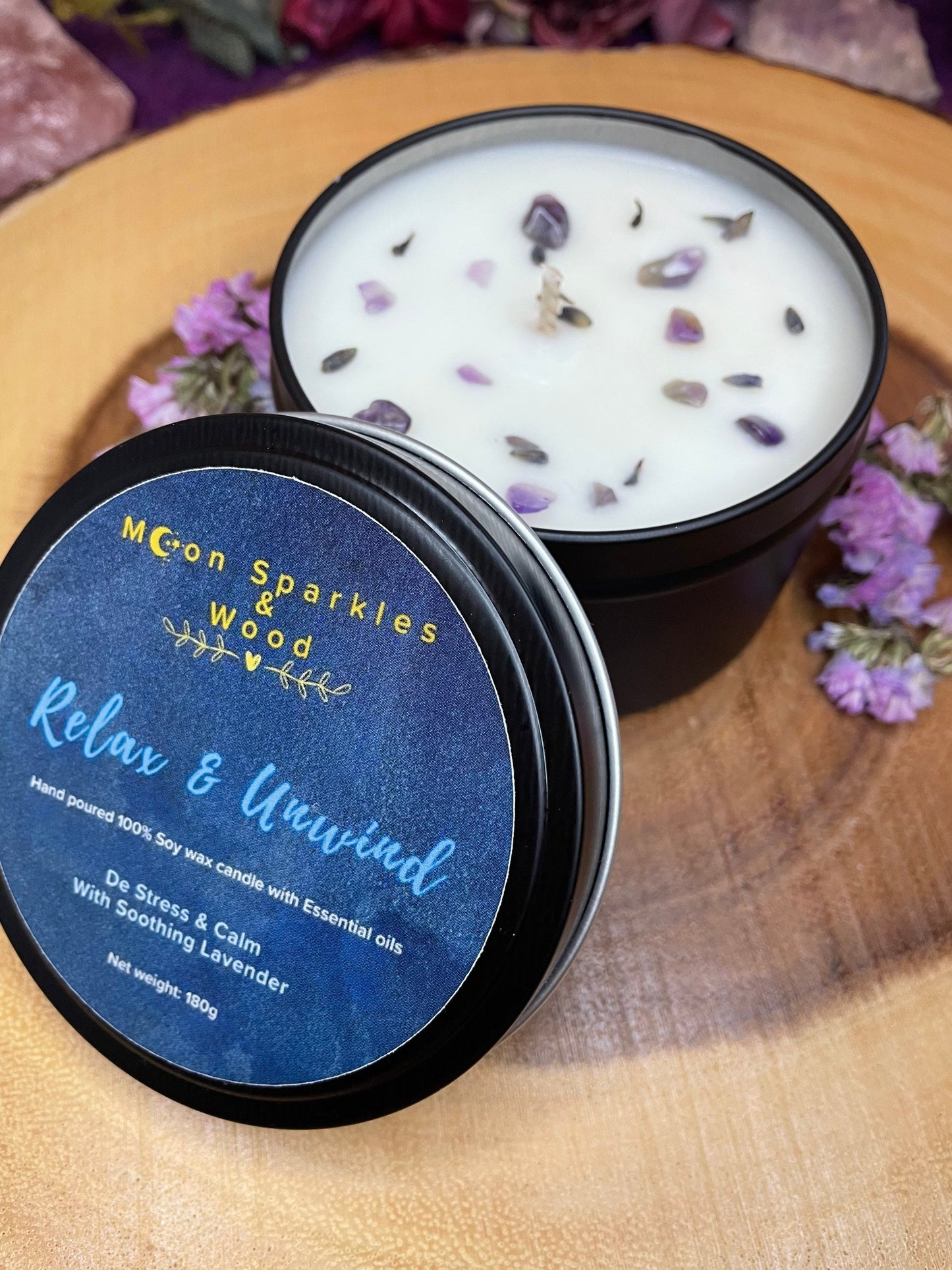 Relax & Unwind - Soy wax candle blended with Lavender Essential oil. 180g